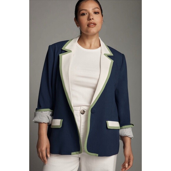 Anthropologie Maeve Blazer Women Blue Colorblock Preppy Boho Size 3X Plus NWT